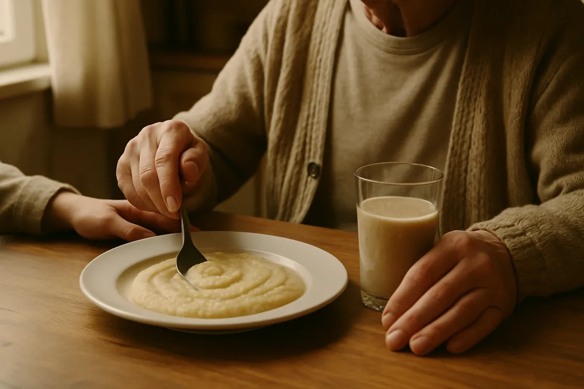 Тепла домашня кухня, тарілка з м'якою стравою і склянка загущеного напою