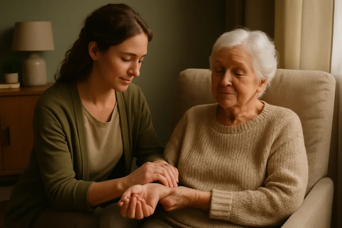 Доглядальниця перевіряє пульс і самопочуття літньої жінки вдома